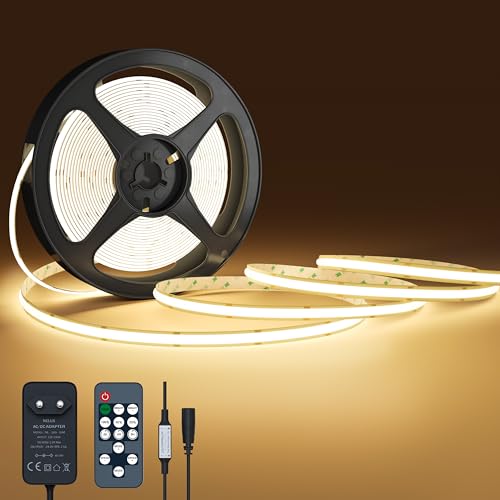 NELUX COB LED Streifen 10m Warmweiss, LED Strip Lights Warm White, LED Band Indirekte Beleuchtung Dimmbar Weiß Deko TV Küche. Inklusive Selbstklebend, Fernbedienung und Netzteil 24V. 480LED/m, 2700K von NELUX