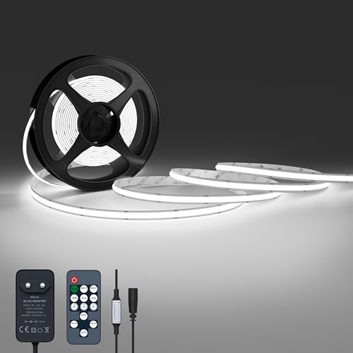 NELUX COB LED Streifen 2m Kaltweiss, LED Strip Lights Cold White, LED Band Indirekte Beleuchtung Dimmbar Weiß Deko TV Küche. Inklusive Selbstklebend, Fernbedienung und Netzteil 24V. 480LED/m, 6500K von NELUX
