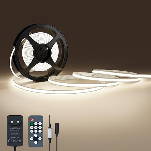 NELUX COB LED Streifen 2m Weiss, LED Strip Lights White, LED Band Indirekte Beleuchtung Dimmbar Weiß Deko TV Küche. Inklusive Selbstklebend, Fernbedienung und Netzteil 24V. 480LED/m, 4000K von NELUX