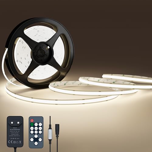 NELUX COB LED Streifen 5m Weiss, LED Strip Lights White, LED Band Indirekte Beleuchtung Dimmbar Weiß Deko TV Küche. Inklusive Selbstklebend, Fernbedienung und Netzteil 24V. 480LED/m, 4000K von NELUX