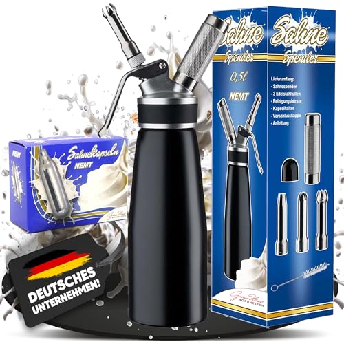 NEMT Sahnespender 0,5 L Sahnesiphon schwarz + 10 Sahnekapseln 500 ml Sahnespender Aluminium mit Edelstahl Düsen und Reinigungbürste, Auslaufsicherer Sahnebereiter für Schlagsahne, Creme, Mousse von NEMT