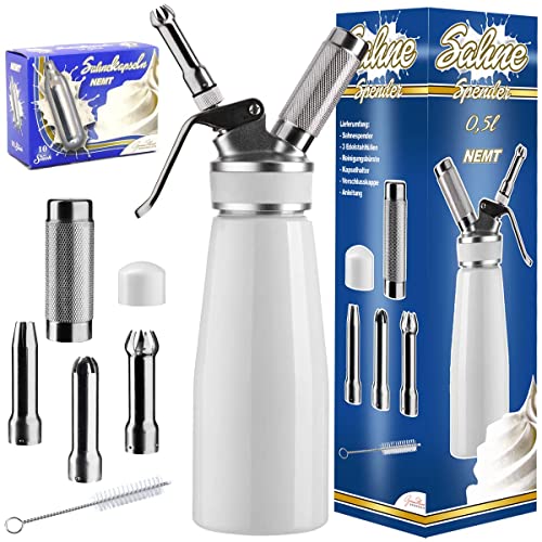 NEMT Sahnespender 0,5 L Sahnesiphon weiss + 10 Sahnekapseln 500 ml Sahnespender Aluminium mit Edelstahl Düsen und Reinigungbürste, Auslaufsicherer Sahnebereiter für Schlagsahne, Creme, Mousse von NEMT