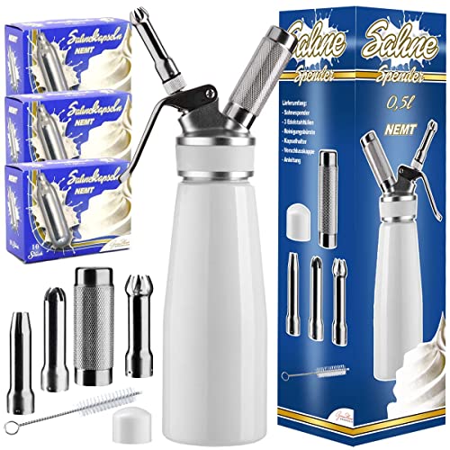 NEMT Sahnespender 0,5 L Sahnesiphon weiss + 30 Sahnekapseln 500 ml Sahnespender Aluminium mit Edelstahl Düsen und Reinigungbürste, Auslaufsicherer Sahnebereiter für Schlagsahne, Creme, Mousse von NEMT
