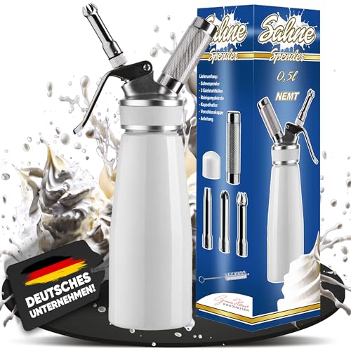 NEMT Sahnespender 0,5 L Sahnesiphon weiss ohne Sahnekapseln 500 ml Sahnespender Aluminium mit Edelstahl Düsen und Reinigungbürste, Auslaufsicherer Sahnebereiter für Schlagsahne, Creme, Mousse von NEMT