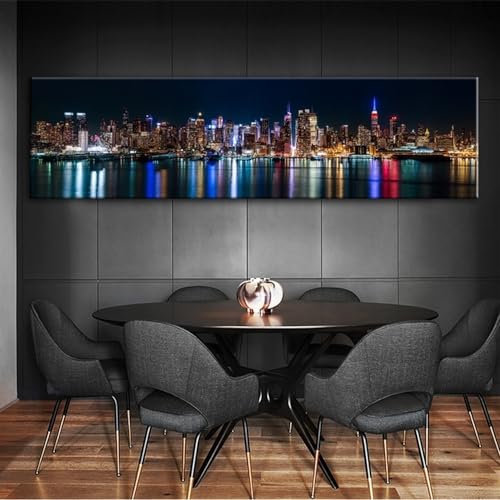 NENDERT Skyline von Manhattan Leinwand-Kunstdrucke Nachtansicht von New York City Poster und Drucke Leinwand Malerei für Schlafzimmer Cuadros Dekor (Farbe: C64, Größe: 60 x 180 cm ohne Rahmen) von NENDERT