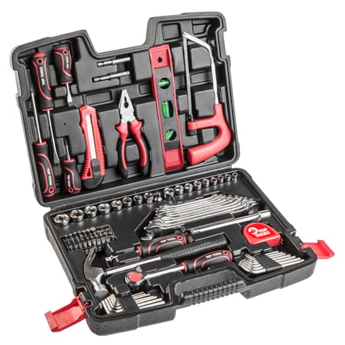 Top Tools Werkzeugkoffer 100-teilig – Steckschlüsselsatz 1/4" & 3/8", Ratsche, Ringschlüssel, Torx, Sechskant, Hammer, Metallsäge, Zange, Schraubendreher – Werkzeugset für Heimwerker von TOP TOOLS