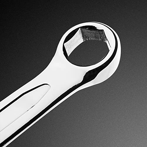 Der Ring-Maulschlüssel 29 mm, Sechskantring, der Marke Neo. Der offene Teil des Schlüssels hat profilierte Maulteile, die beim Einsatz vier Berührungspunkte mit einer Sechskantschraube oder -mutter b von NEO TOOLS