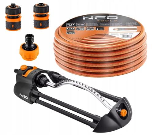 NEO TOOLS 5 tlg. Set: Gartenschlauch (1/2 Zoll, 20 m, 4-lagig, 20 bar) + Oszillierender Sprinkler 14 x 19 m + 3 Stück Anschluss Kit - StarterSet - Schlauch ist UV-beständig, Flexibel von NEO TOOLS