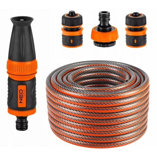 NEO TOOLS 5 tlg. Set: Gartenschlauch Pro (1/2 Zoll, 30 m, 6-lagig, 30 bar) + Wasserspritze + 3 Stück Anschluss Kit - StarterSet - Schlauch ist UV-beständig, Food Safe und Flexibel von NEO TOOLS
