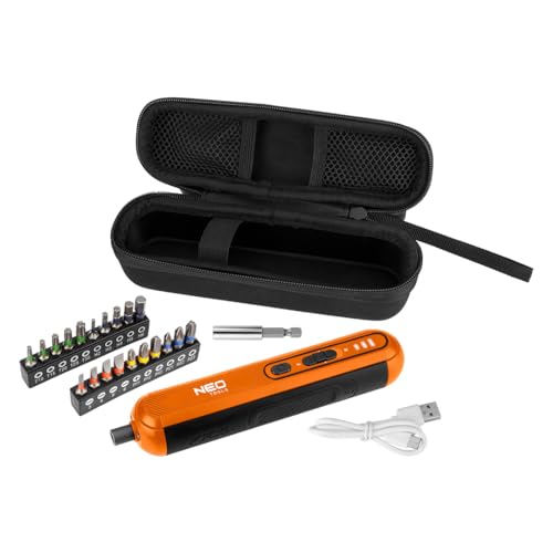 NEO TOOLS Akkuschrauber (4 Volt, 20 Bits, Aufbewahrungsbox) Multifunktionswerkzeug - Akkuschrauber mit LED, Ladestandsanzeige und Spindelarretierung von NEO TOOLS