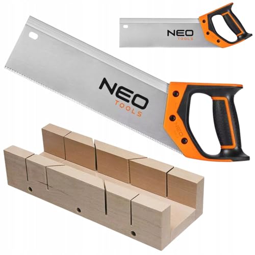 NEO TOOLS Gehrungssäge Set – Präzise Rückensäge 350 mm 13 TPI Handsäg aus Gehärtetem Stahl und Schneidlade 300 mm – Für saubere 90°/45° Schnitte an Holz und Leisten von NEO TOOLS