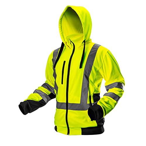 NEO TOOLS Herren Sicherheitsjacke mit reflektierenden Streifen, Warnschutzjacke mit Kapuze, Stehkragen, Innenfutter Fleece, Pulli Berufsjacke Warnjacke Langarm, neon gelb, Gr.M von NEO TOOLS