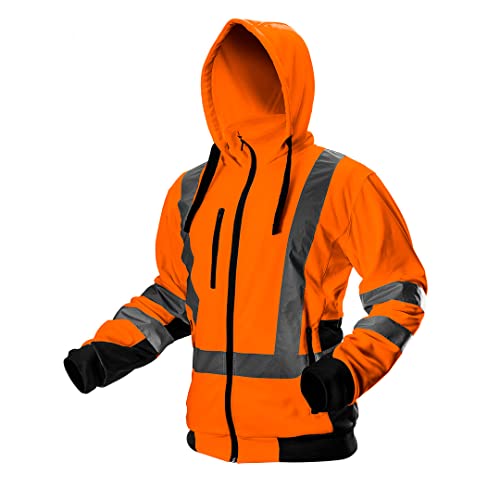 NEO TOOLS Herren Sicherheitsjacke mit reflektierenden Streifen, Warnschutzjacke mit Kapuze, Stehkragen, Innenfutter Fleece, Pulli Berufsjacke Warnjacke Langarm, orange, Gr.M von NEO TOOLS