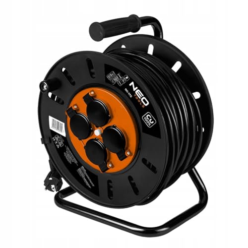 NEO TOOLS Kabeltrommel - 4 Steckdosen - 230 V - IP20 schwarz - Kabeltrommel/Kabeltrommel mit 4 Steckdosen - Mit Thermosicherung und Erdungsanschluss - Leistung: 3600 W 3 x 2,5 mm 50 m von NEO TOOLS