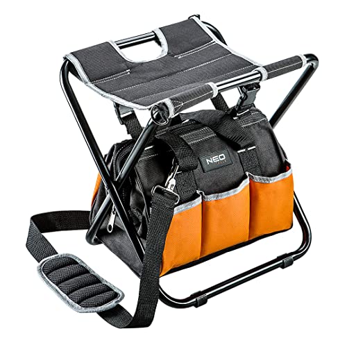 NEO TOOLS Klapphocker mit Werkzeugtasche Klappstuhl Angelhocker Stuhl Werkzeug Tasche Sitz Hocker, 6 Außentaschen 33.8 x 33.5 x 30 cm (LxHxW) von NEO TOOLS