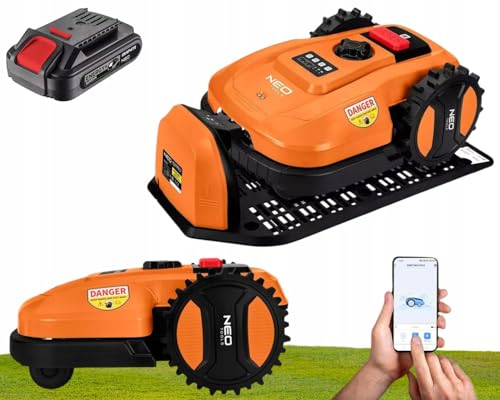 NEO TOOLS Mähroboter mit Austauschbarem Akku (2 Ah-Akku Enthalten) für Gärten bis 600 m2 - Steuerung Smartphone-App, Ladestation, 100m Grenzkabel, 18 V, Bürstenlosen Motor, Schnittdurchmesser 180 mm von NEO TOOLS