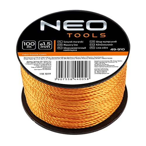 NEO TOOLS Maurerschnur 1.5 mm, 50m /100 m auf Spule, zum Anzeichnen von geraden Linien verwendet; die Spule besteht aus Kunststoff; starke, geflochtene Schnur, reißfest (100m) von NEO TOOLS