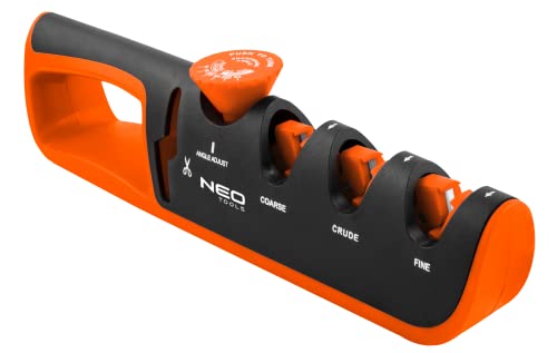 NEO TOOLS Messer- und Scherenschärfer mit einstellbarem Schärfwinkel; 3 Arten von Schärfkörpern: Diamant, Wolframkarbid, Keramik; Drehknopf zur Auswahl des Schärfwinkels; rutschfeste Unterlage von NEO TOOLS