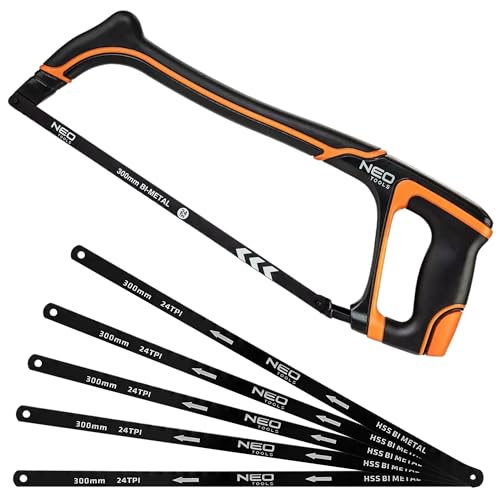 NEO TOOLS Metallsäge 300 mm aus Aluminium mit 10 HSS Bi Metal 24 TPI Austauschbarer Klinge - 45°/ 90° - Eisensäge für Metall & Stahl - Aluminium-Sägebogen, Sägeblatt für Metall von NEO TOOLS