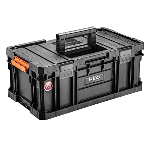 NEO TOOLS Modular Box 200, 530x310x225mm, 2 Organizer im Deckel, 2 verstellbare Trennwände, stabile Verschlüsse, modulare, Verstärkungsrippen, Schneidmulde mit Maßband, Tragfähigkeit 19kg von NEO TOOLS