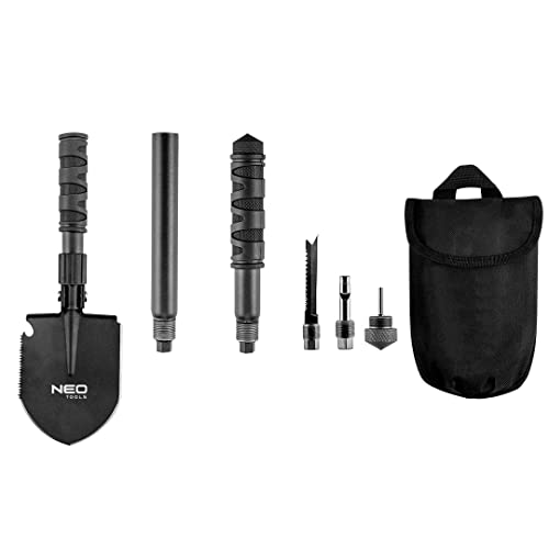 NEO TOOLS Multifunktionale Überlebensschaufel max 63 cm lang, faltbare Struktur, 8in1 Spaten, Säge, Spitzhacke, Flaschenöffner, Zunder, Mehrzweckmesser, Schlag, Pfeife, Beutel zum Aufbewahren von NEO TOOLS
