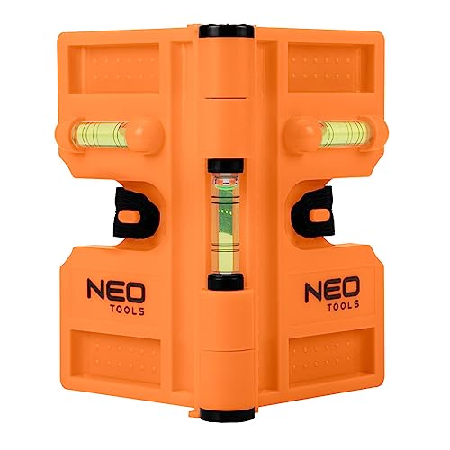 NEO TOOLS Pfostenwasserwaage, mobil, 3 Libellen, 4 Magnete, verstellbar von 15-180°, aus robustem Kunststoff, Arbeitslänge von 209 mm, beweglicher Ausführung, zum Bestimmen von Höhen von NEO TOOLS