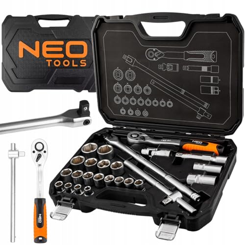 NEO TOOLS Steckschlüsselsatz 1/2” (25-tlg.) – Werkzeugkoffer mit 72-Zahn-Ratsche, 18 Sechskant-Stecknüssen, Verlängerungen und Zündkerzennüssen - Steckschlüssel-Set von NEO TOOLS