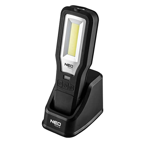 NEO TOOLS Werkstattlampe 550 lm COB LED + Basis + Ladegerät, 550 lm Lichtleistung, Taschenlampe mit 150 lm, Rotlichtfunktion und ein um 360 Grad, 3,7-V-Lithium-Ionen-Akku mit 2000 mAh von NEO TOOLS