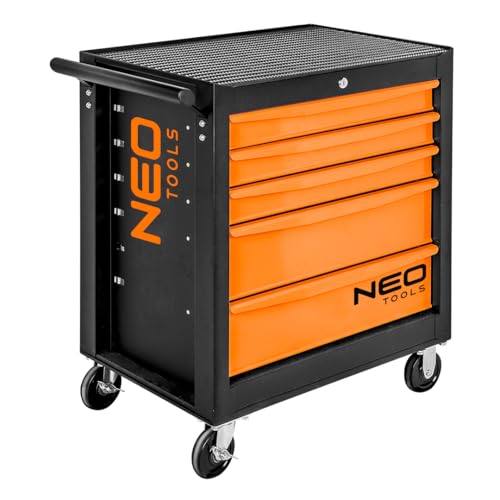 NEO TOOLS Werkstattwagen 5 Fächer - Schubladen mit Kugellager - Zentral Abschließbar - Anti-Rutsch-Matte - Schwenkräder - mit Feststellbremse - Mobiler Werkzeug-Wagen - Werkzeugschrank von NEO TOOLS