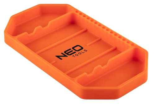 NEO TOOLS Werkzeugablage, Silikon, 27,5 x 14,5 x 2,5 cm; 3 Fächer, 15 Bit-Halterungen, rutschfest, leicht, Schutz für Werkzeuge und Werkstattausrüstung, flexibel von NEO TOOLS