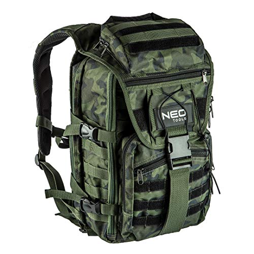 NEO Werkzeugrucksack Überlebensrucksack CAMO (leer) für Profi-Handwerker, Camouflage-Optik, 100% Nylon 600D, regulierbarer Schultergurte mit Polsterung, 1 Henkel, 4 Außentaschen, 18 Innentaschen von NEO TOOLS