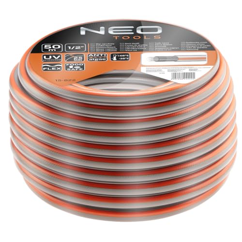 NEO TOOLS Gartenschlauch 1/2 Zoll, 50 m Länge, 4-lagiger - UV-beständig, Flexibel Schlauch, Food Safe – Trinkwasserschlauch - Wasserschlauch aus Erst-PVC mit Anti-Algen-Innenausstattung - Optima Serie von NEO TOOLS