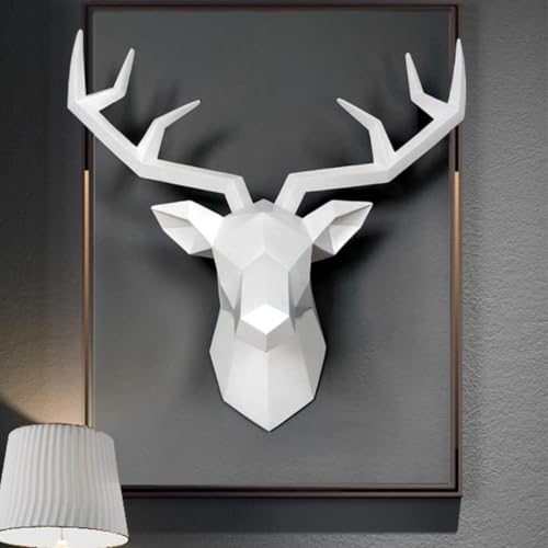 NEONMAN Geometrische Hirschkopf Wandskulptur Hirsch Hirschkopf-Wanddekoration Hirschhorn Statue 3d hirschgeweih deko Wanddeko Wandskulptur Kunstharz tierkopf Wanddeko hirsch Wanddeko Wand-Tierkopf(Wei von NEONMAN