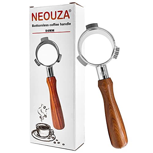 NEOUZA Bodenloser Kaffee Siebträger, 54mm, kompatibel mit Breville Sage 870/875/878/880 Filterkorb, Edelstahl-Espresso-Maschine, Holzgriff (Portafilter) von NEOUZA