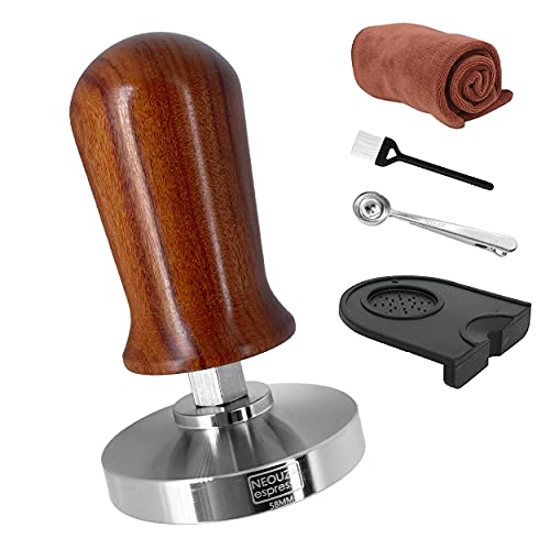 NEOUZA Geeichter Espresso-Kaffeestampfer Professioneller kalibrierter Druckkaffee-Presshammer – 304 Edelstahl, flacher Boden mit federbelastetem Holzgriff für Barista (58 mm) von NEOUZA