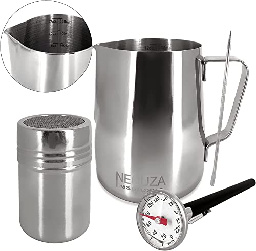 NEOUZA Kaffeekanne, 350 ml, Milchaufschäumer, Dampfkrug + Pulverbehälter, Latte Art Nadel und Thermometer für Espressomaschine, Coffer Maker (350 ml) von NEOUZA