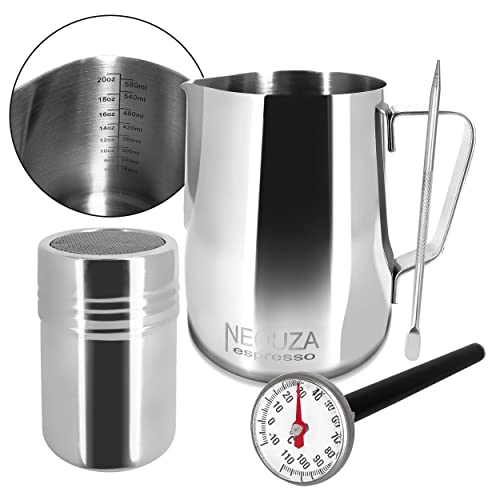 NEOUZA Kaffeekanne, 600 ml, Milchaufschäumer, Dampfkrug + Pulverbehälter, Latte Art Nadel und Thermometer für Espressomaschine, Coffer Maker (600 ml) von NEOUZA