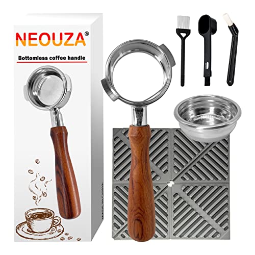 NEOUZA Siebträger-Set ohne Boden, 58 mm, für Espressomaschinen, kompatibel mit Nuova Simonelli 304 Edelstahl, zwei Ohren, Füllkorb, Löffel, Tampermatte, Pinsel (58 mm Nuova), Silber und Holz von NEOUZA