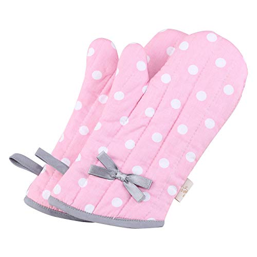 NEOVIVA Ofenhandschuhe und Schürze Set, Topfhandschuhe Hitzebständig Baumwolle Waschbarer Backhandschuh für Küche, BBQ, Auflaufform und Grillen, Gepunktet, Rosa (Ofenhandschuhe Kinder Set) von NEOVIVA