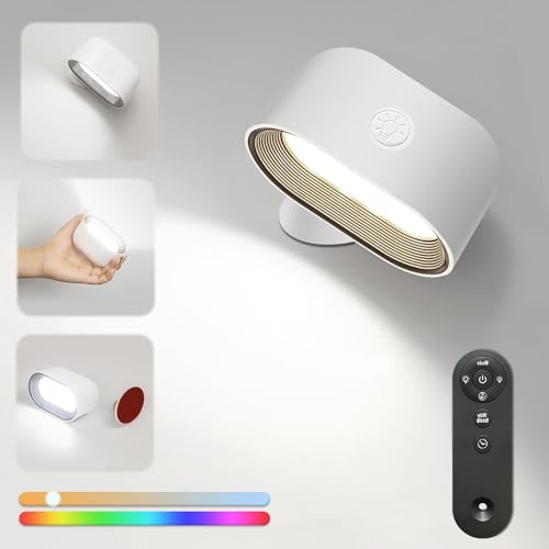 NEOVSUNY Wandleuchte Innen, LED Wandlampe mit Akku, Touch Control und Fernbedienung 360° Drehbare 3 Farbe 5 Helligkeitsstufen, für Wohnzimmer Schlafzimmer Treppenhaus Flur Kabellose Lampe Einstellbar von NEOVSUNY