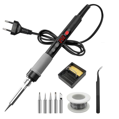 Lötkolben Set, Lötset 90W Lötstation mit Temperatur Einstellbar 180-520°C, Regelbar und EIN/AUS-Schalter mit 5 Lötspitzen, Lötkolbenständer, Lötzinn,Pinzette für Elektrische Arbeiten Reparaturen von NEOVSUNY