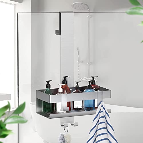 NEOVSUNY Duschablage zum Hängen, Duschregal Ohne Bohrer, Duschkorb zum Hängen Edelstahl SUS304 für Rahmenlos Glastür, Badezimmer Organizer Shampoo Halterung für Dusche,mit 2 Beweglichen Haken, Silber von NEOVSUNY
