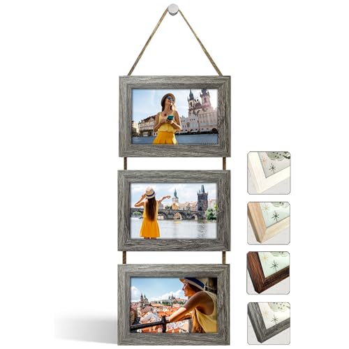 NEOWS Bilderrahmen Collage für Mehrere Bilder - Dekorative Bilderrahmenset zum Aufhängen an der Wand - Mehrfach Fotorahmen Hochformat mit Schnur für 10x15 Fotos (Eiche Grau, 3 Horizontale Fotos) von NEOWS