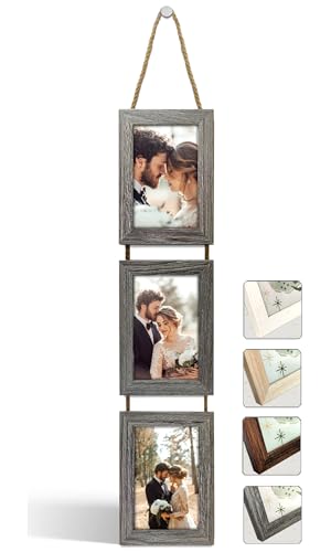 NEOWS Bilderrahmen Collage für Mehrere Bilder - Dekorative Bilderrahmenset zum Aufhängen an der Wand - Mehrfach Fotorahmen Hochformat mit Schnur für 10x15 Fotos (Eiche Grau, 3 Vertikale Fotos) von NEOWS