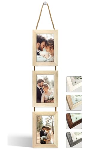 NEOWS Bilderrahmen Collage für Mehrere Bilder - Dekorative Bilderrahmenset zum Aufhängen an der Wand - Mehrfach Fotorahmen Hochformat mit Schnur für 10x15 Fotos (Eiche Natur, 3 Vertikale Fotos) von NEOWS