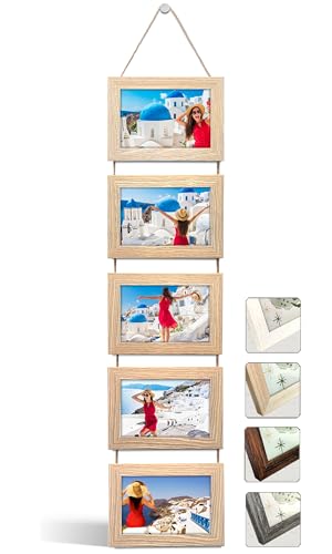 NEOWS Bilderrahmen Collage für Mehrere Bilder - Dekorative Bilderrahmenset zum Aufhängen an der Wand - Mehrfach Fotorahmen Hochformat mit Schnur für 10x15 Fotos (Eiche Natur, 5 Horizontale Fotos) von NEOWS