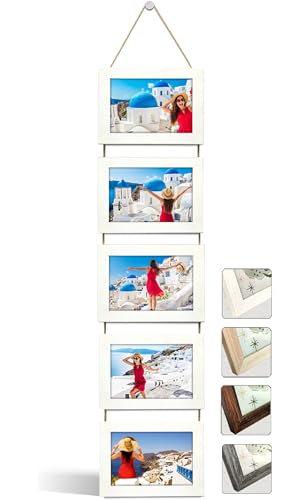 NEOWS Bilderrahmen Collage für Mehrere Bilder - Dekorative Bilderrahmenset zum Aufhängen an der Wand - Mehrfach Fotorahmen Hochformat mit Schnur für 10x15 Fotos (Weiß Gerissene, 5 Horizontale Fotos) von NEOWS