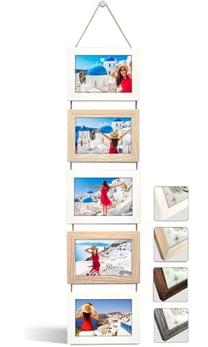 NEOWS Bilderrahmen Collage für Mehrere Bilder - Dekorative Bilderrahmenset zum Aufhängen an der Wand - Mehrfach Fotorahmen Hochformat mit Schnur für 10x15 Fotos (Weiß und Eiche, 5 Horizontale Fotos) von NEOWS