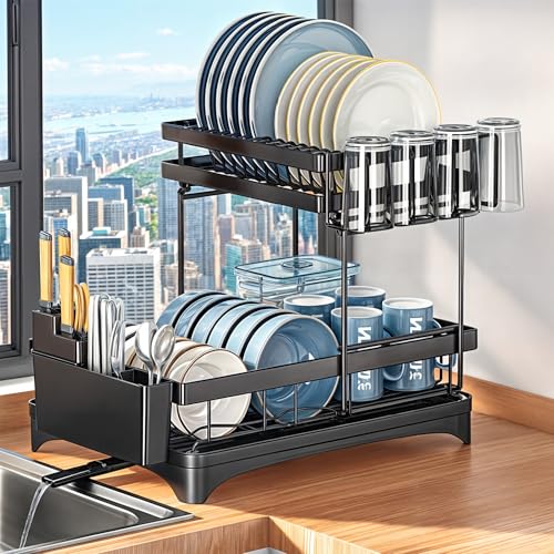 NERIRA® ️ Abtropfgestell über der Spüle | Abtropfgestell mit 2 Ebenen, abnehmbar, große Kapazität, abnehmbarer Utensilienhalter und automatische Ablaufdüse, hält die Arbeitsplatte trocken von NERIRA