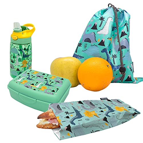 Nerthus FIH 1004 SET Flasche Tritan + Lunchbox + Snacktasche + Dinosaurier-Rucksack von NERTHUS
